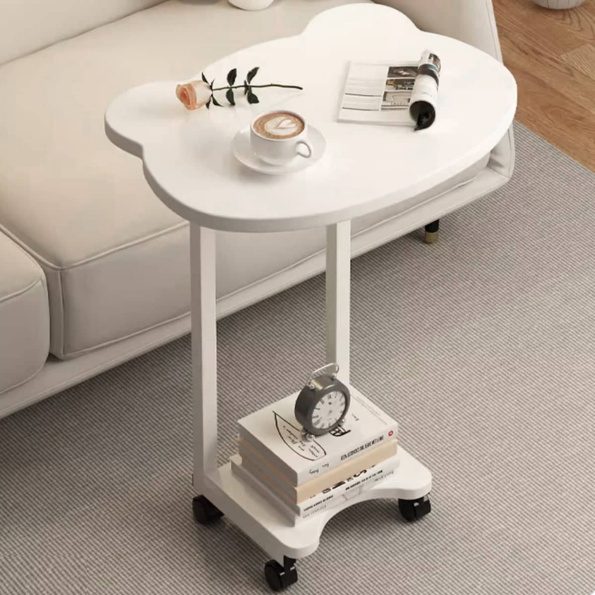Movable Side Table with Rolling Wheels for Sofa and Bedside, Curved White - view 4