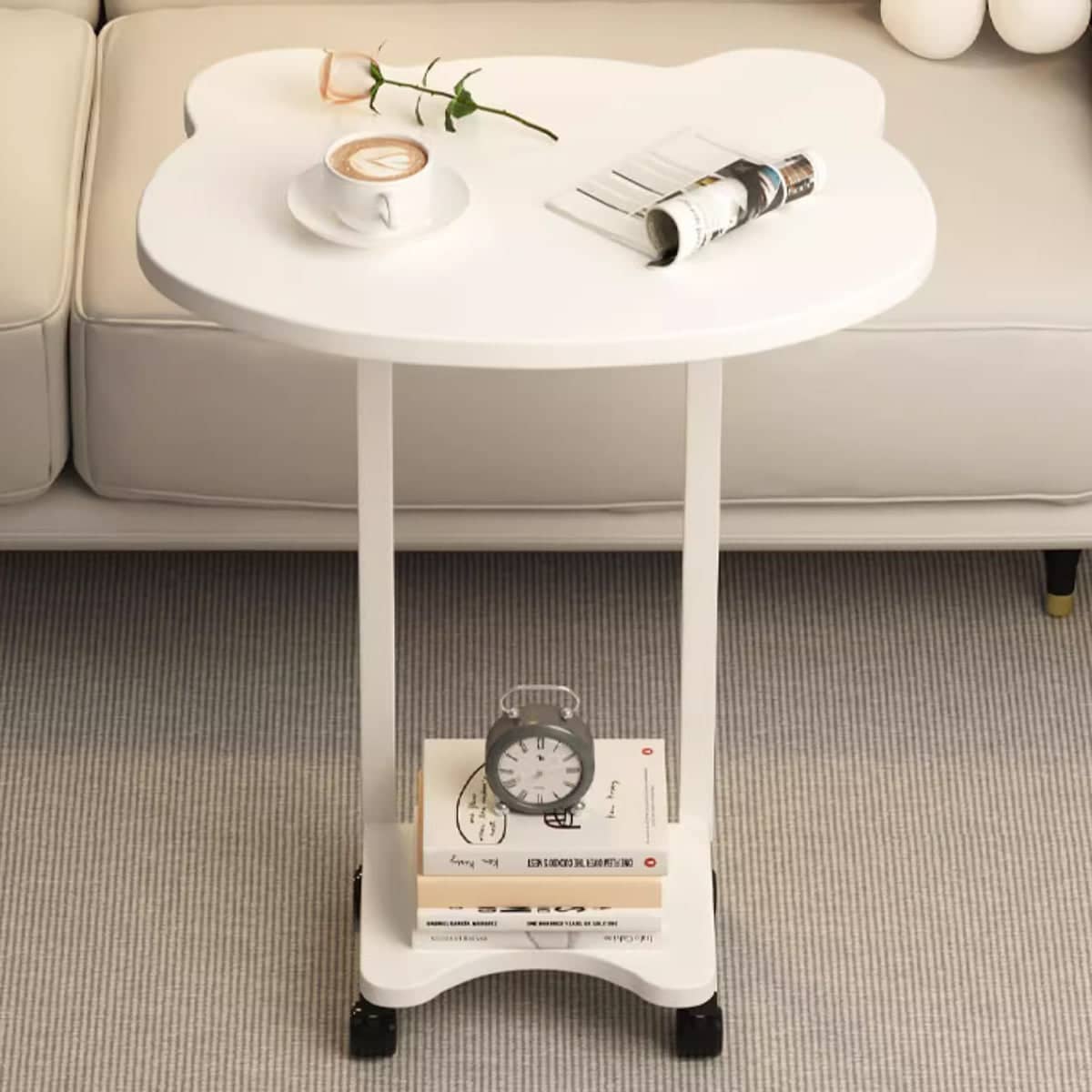 Movable Side Table with Rolling Wheels for Sofa and Bedside, Curved White - view 5