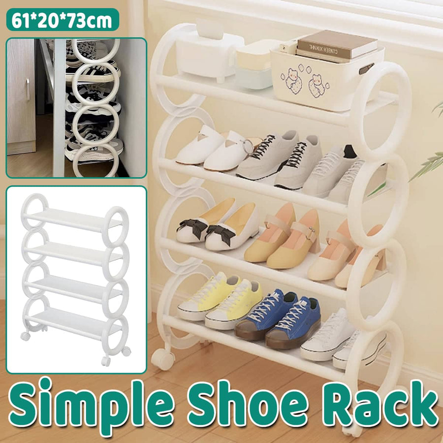 Movable Simple Shoe Rack 4 Tier with Wheels for Entryway Hallway Space Saving - White
