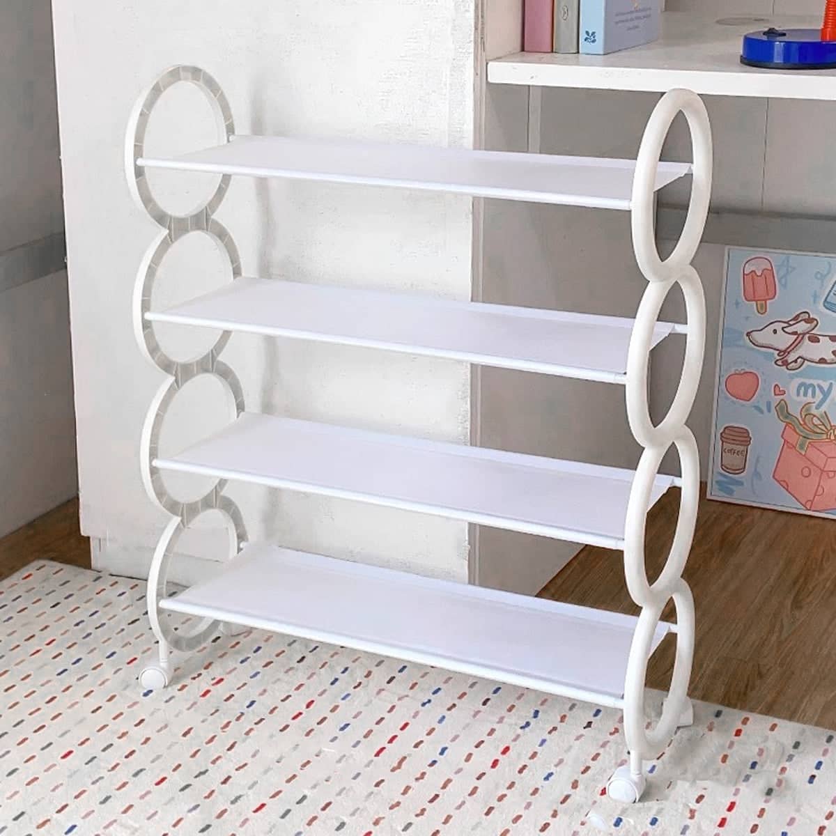 Movable Simple Shoe Rack 4 Tier with Wheels for Entryway Hallway Space Saving - White - view 4