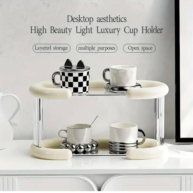 Mug and Cup Organiser, Two-Tier Countertop Rack - White - view 5