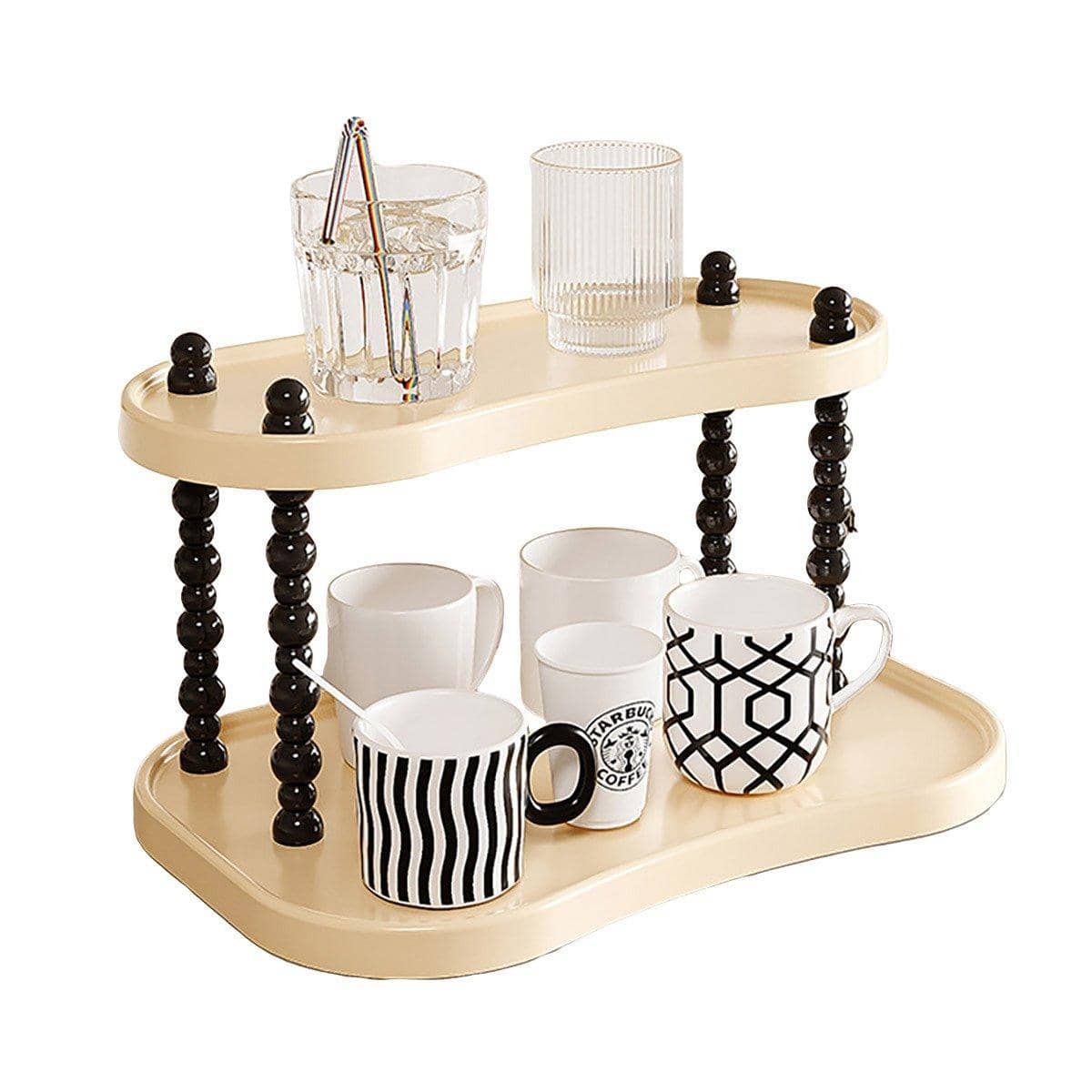 Mug Display Cup Rack Kitchen Organiser Bar Mug Holder - 2 Tier Beige with Black Posts
