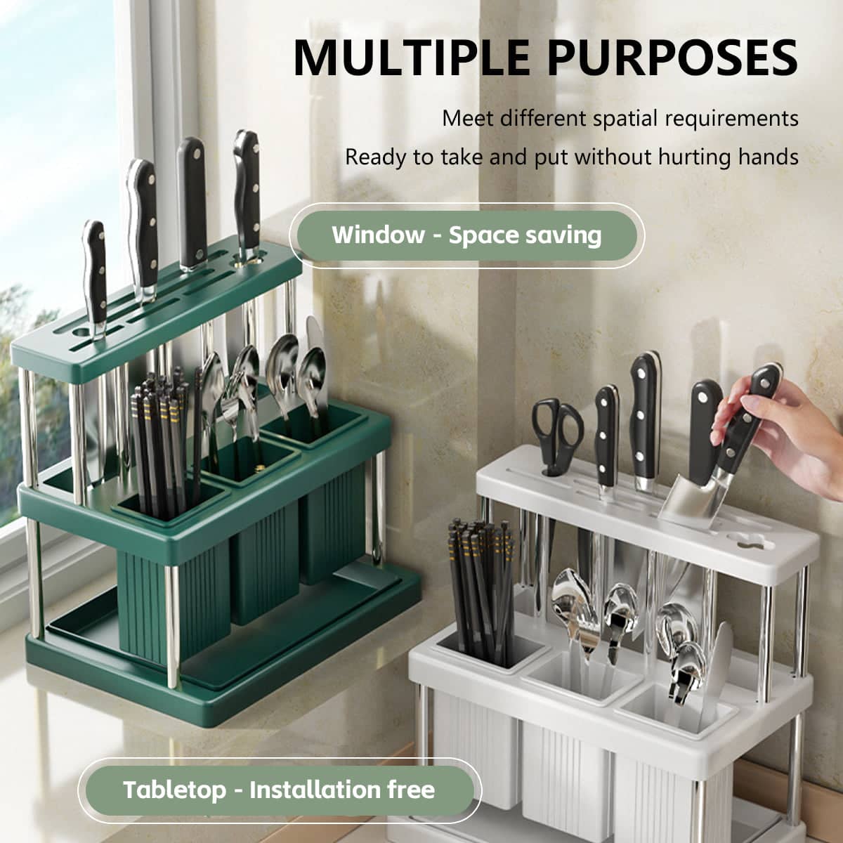 Multi Functional Kitchen Countertop Knife Block Holder with Removable Drain Tray - White - view 5