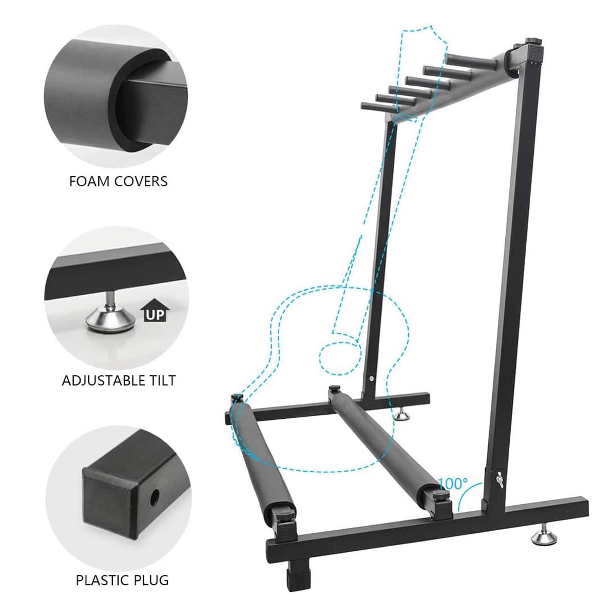 Multi Guitar Floor Stand with Padded Rests - 5 Guitar Rack, Black Metal - view 5