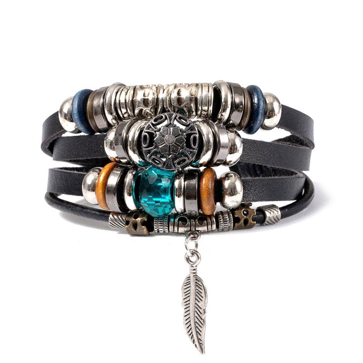 Multi-Layer Faux Leather Beaded Bracelet - Black Flower Disc with Blue Crystal