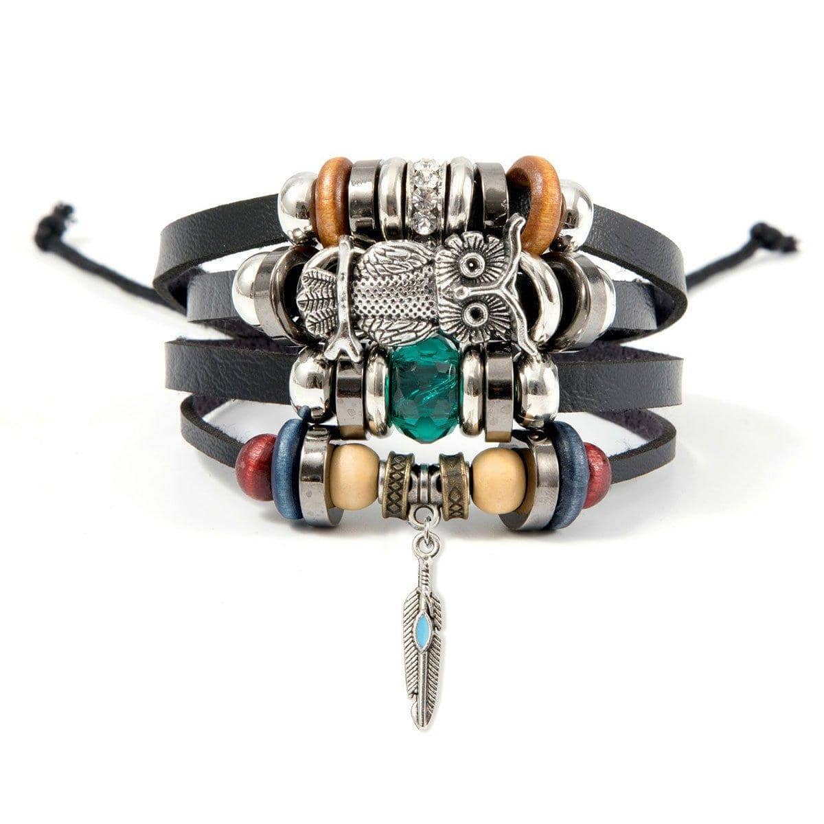 Multi-Layer Faux Leather Beaded Bracelet - Black Owl with Green Crystal