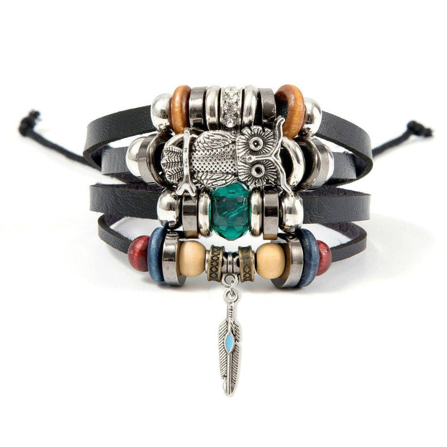 Multi-Layer Faux Leather Beaded Bracelet - Black Owl with Green Crystal