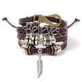 Multi-Layer Faux Leather Beaded Bracelet - Brown Believe Charm with Feather