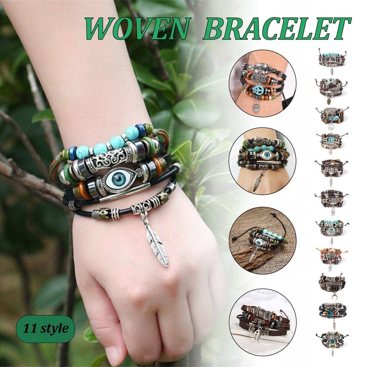 Multi-Layer Faux Leather Beaded Bracelet - Brown Believe Charm with Feather - view 2