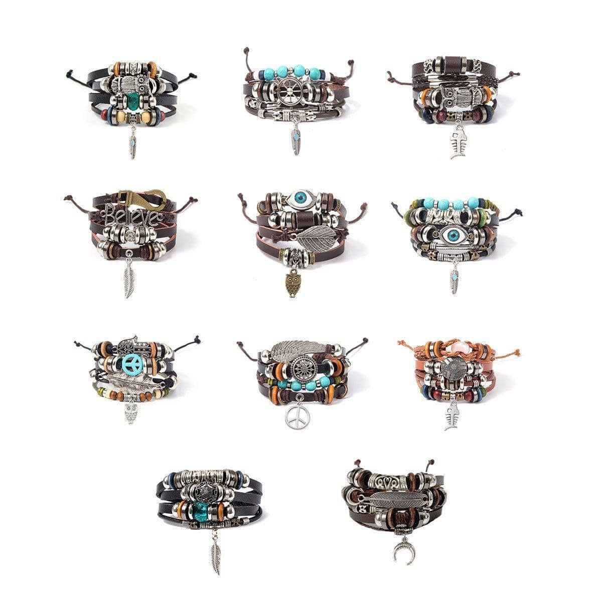 Multi-Layer Faux Leather Beaded Bracelet - Brown Believe Charm with Feather - view 3