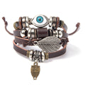 Multi-Layer Faux Leather Beaded Bracelet - Brown Blue Eye Bead, Leaf and Owl
