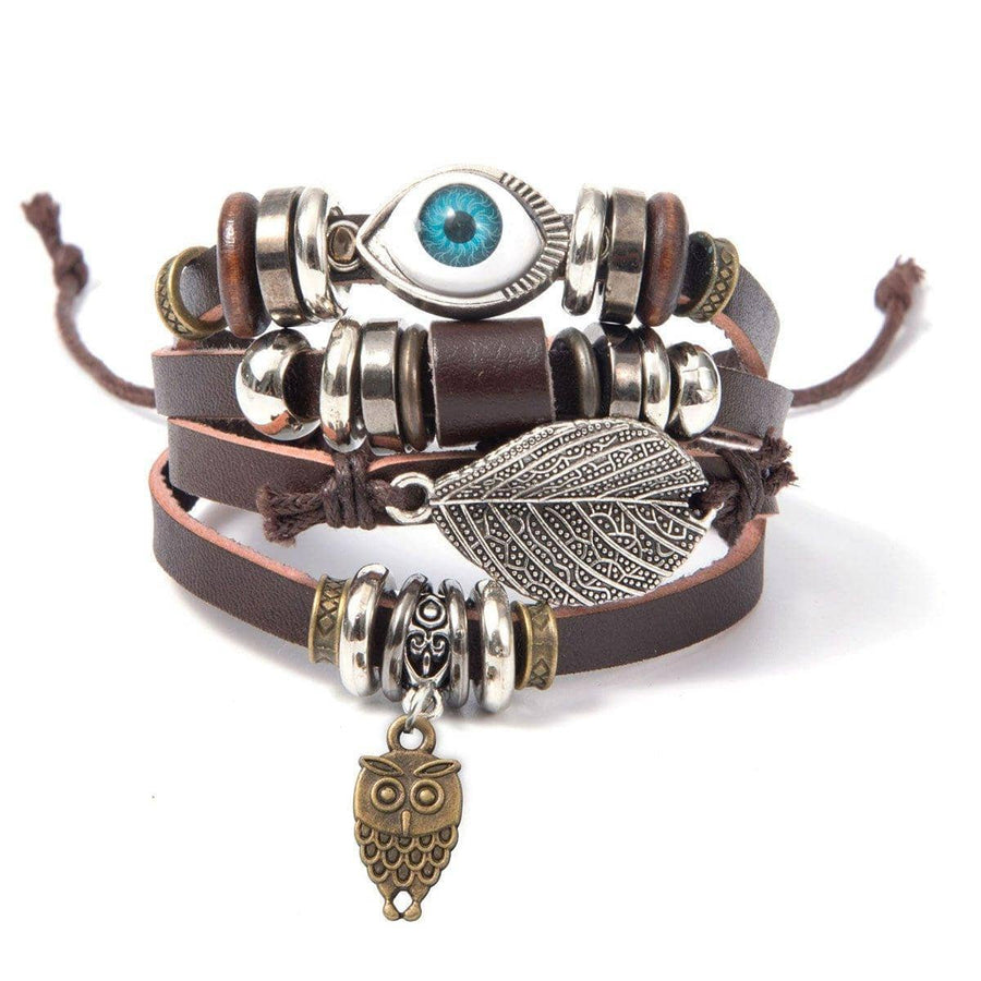 Multi-Layer Faux Leather Beaded Bracelet - Brown Blue Eye Bead, Leaf and Owl