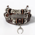 Multi-Layer Faux Leather Beaded Bracelet - Brown Feather Bar and Crescent Charm