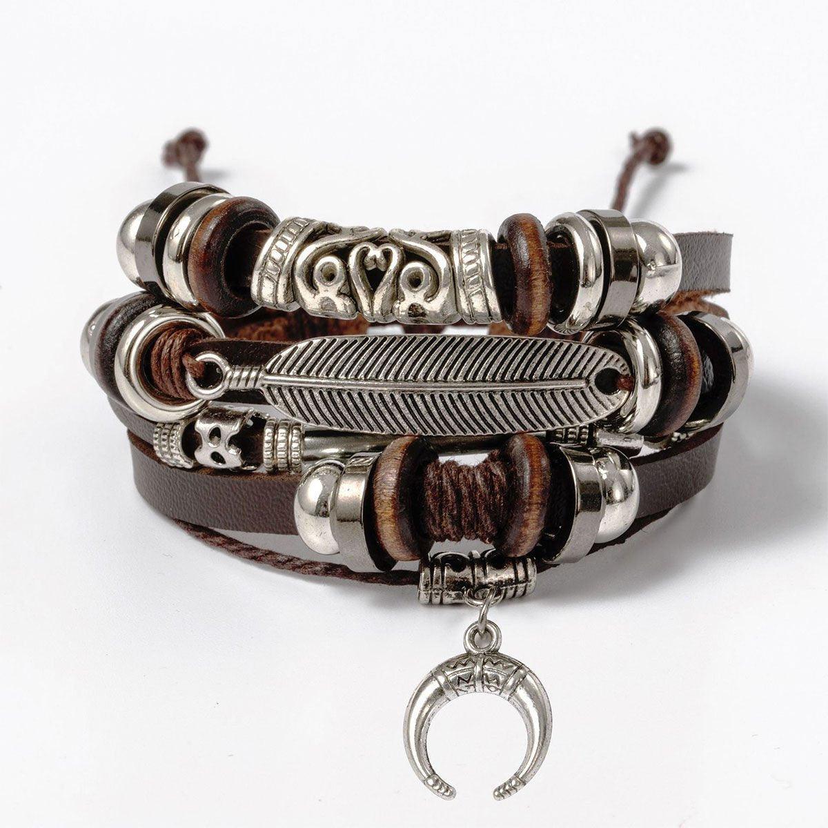 Multi-Layer Faux Leather Beaded Bracelet - Brown Feather Bar and Crescent Charm