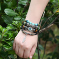 Multi-Layer Faux Leather Beaded Bracelet - Brown Feather Bar and Crescent Charm - view 5