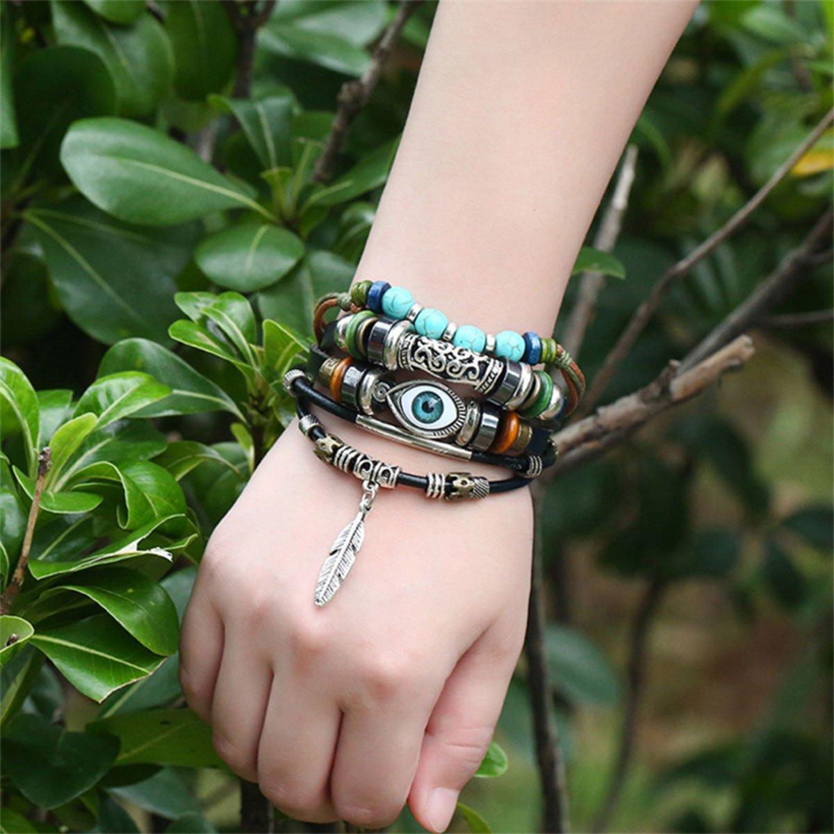Multi-Layer Faux Leather Beaded Bracelet - Brown Feather Bar and Crescent Charm - view 5