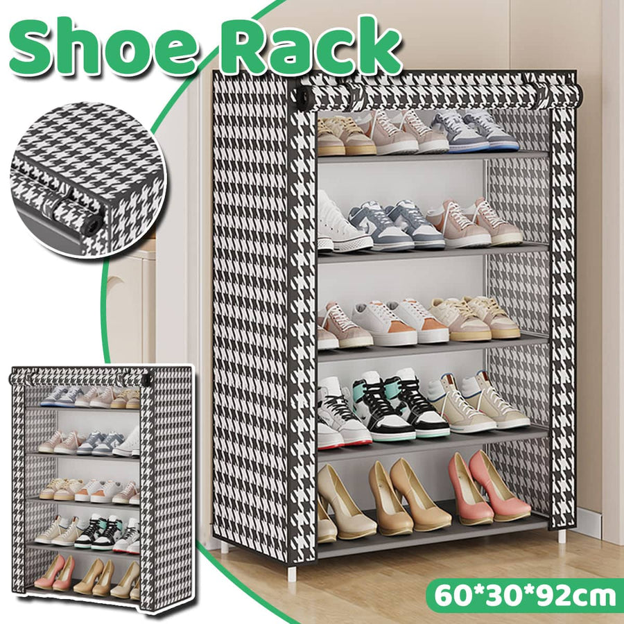 Multi-Layer Shoe Rack with Dustproof Cover and Metal Frame - Black and White Houndstooth
