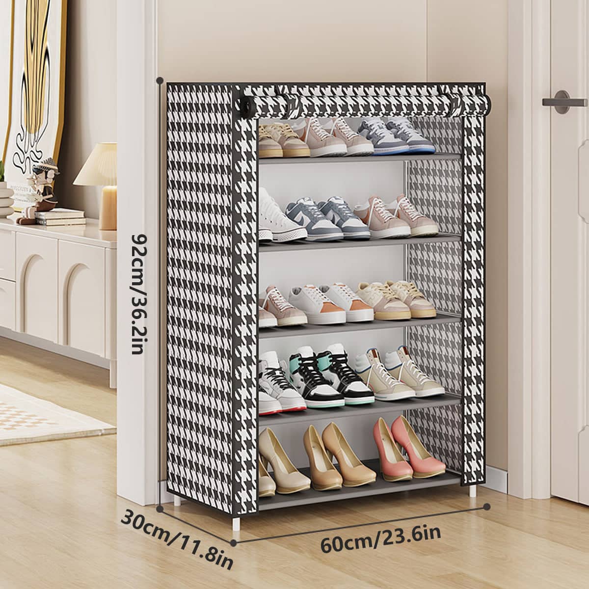 Multi-Layer Shoe Rack with Dustproof Cover and Metal Frame - Black and White Houndstooth - view 3