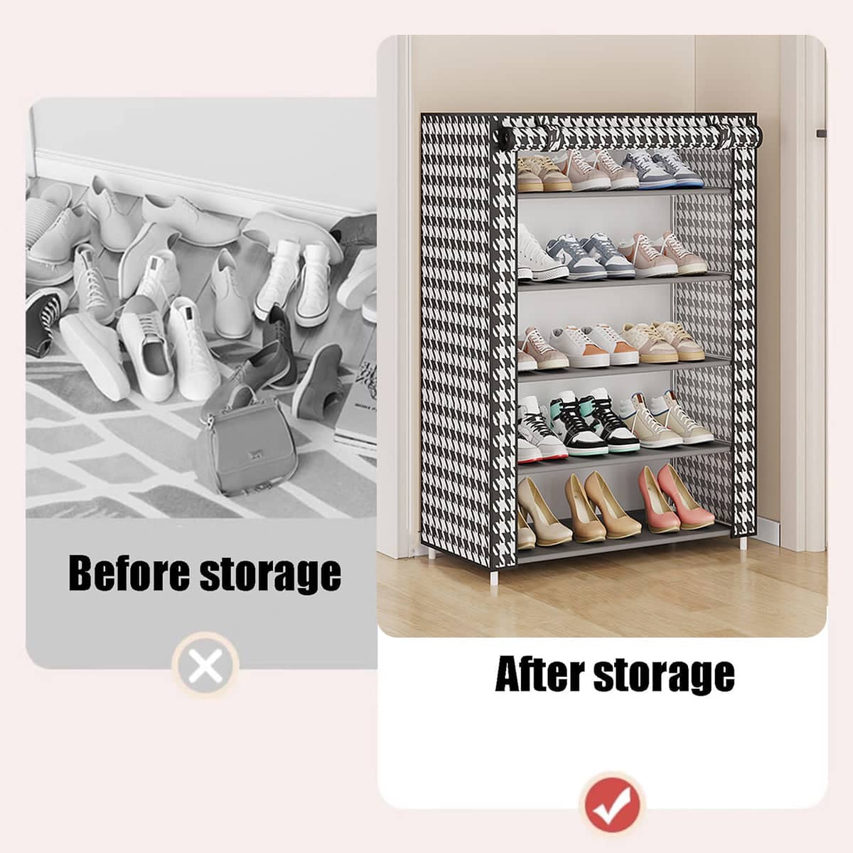 Multi-Layer Shoe Rack with Dustproof Cover and Metal Frame - Black and White Houndstooth - view 4