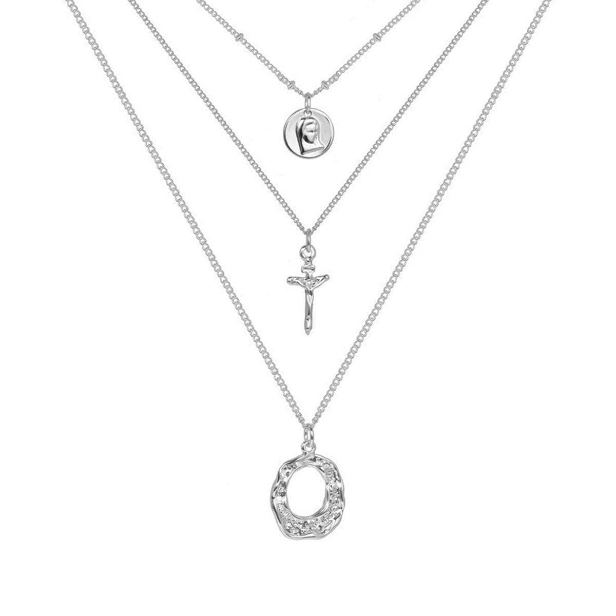 Multi-Layer Silver Chain Necklace for Women, Stacked Clavicle Chain with Pendants - view 2
