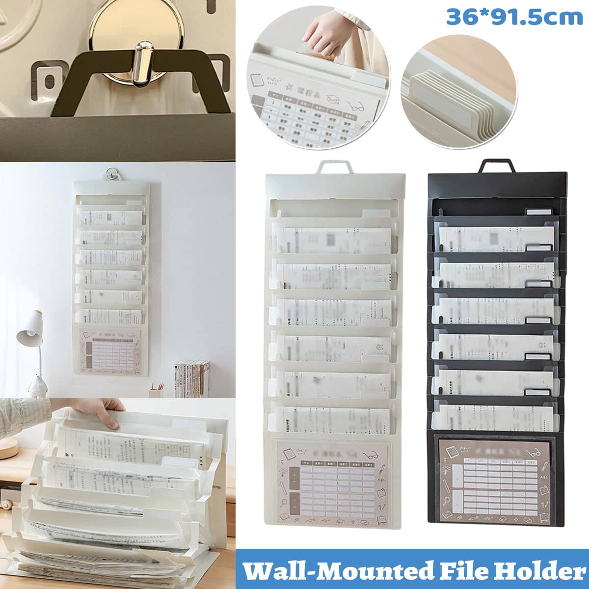Multi-Layer Wall Mounted File Organiser, Accordion Document Storage - White - view 2