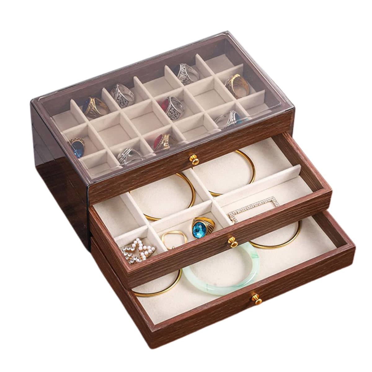 Multi Layer Wooden Jewellery Box Walnut Grain with Drawers - Grid Compartment Tray