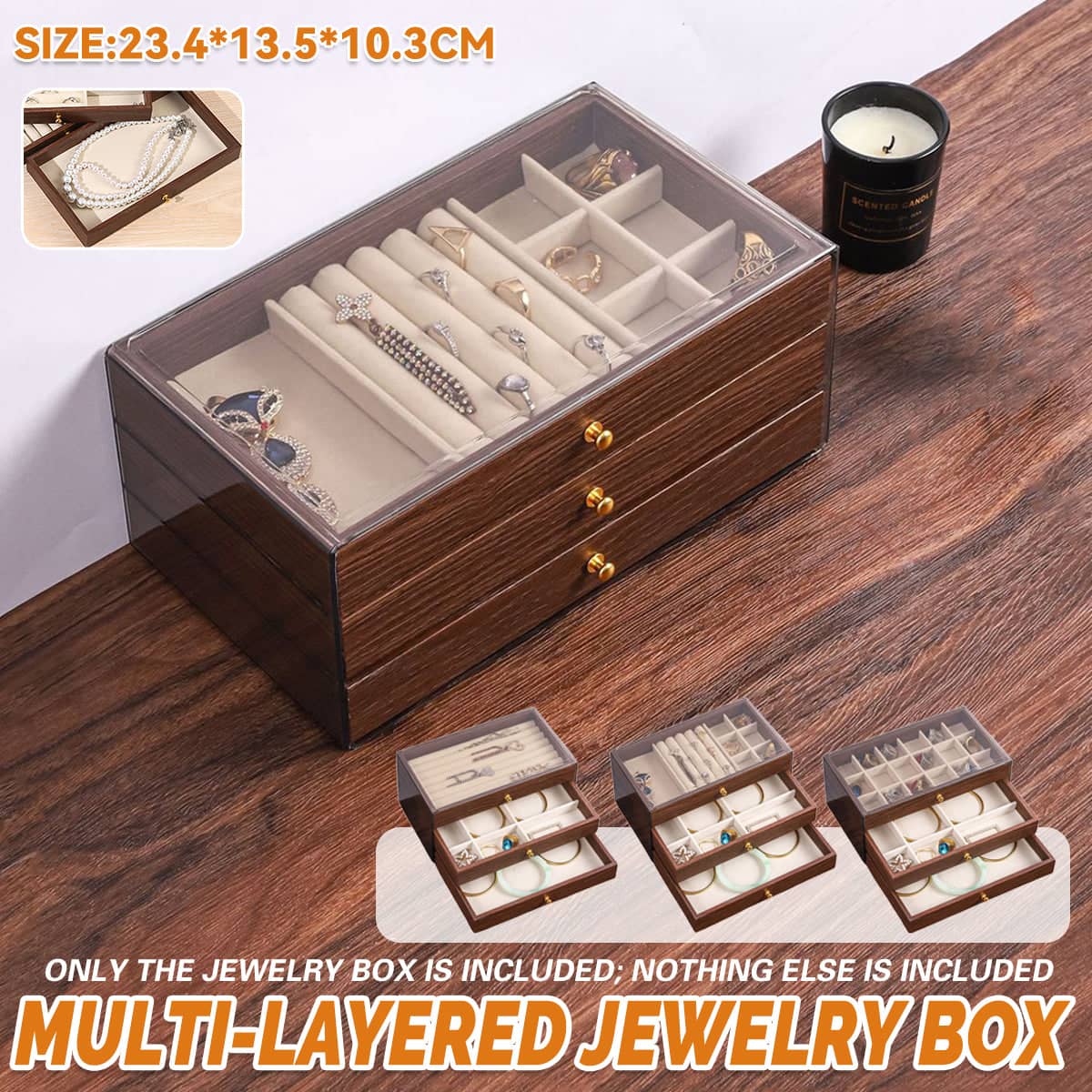 Multi Layer Wooden Jewellery Box Walnut Grain with Drawers - Grid Compartment Tray - view 2