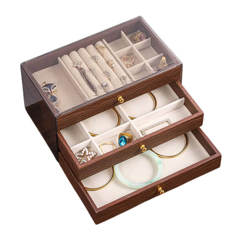 Multi Layer Wooden Jewellery Box Walnut Grain with Drawers - Ring Rest Tray