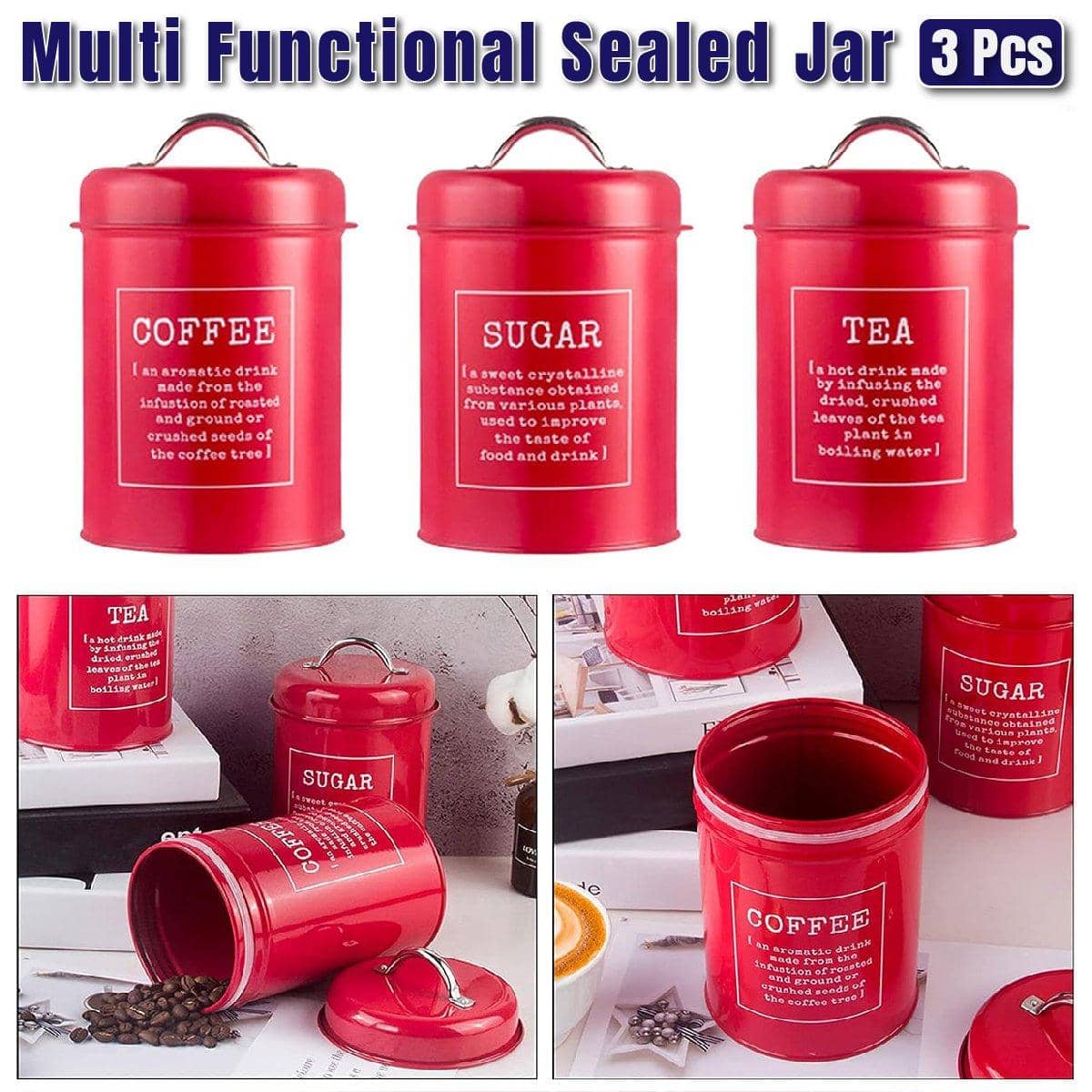 Multi-Purpose Sealed Jars with Airtight Lids - Red, 3 Pack
