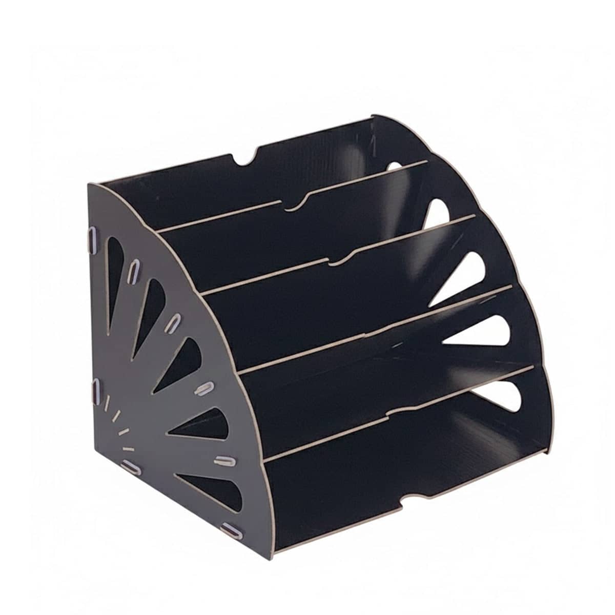 Multi Tier Fan Shaped Wood Desktop Storage Box, Document Organiser - Black