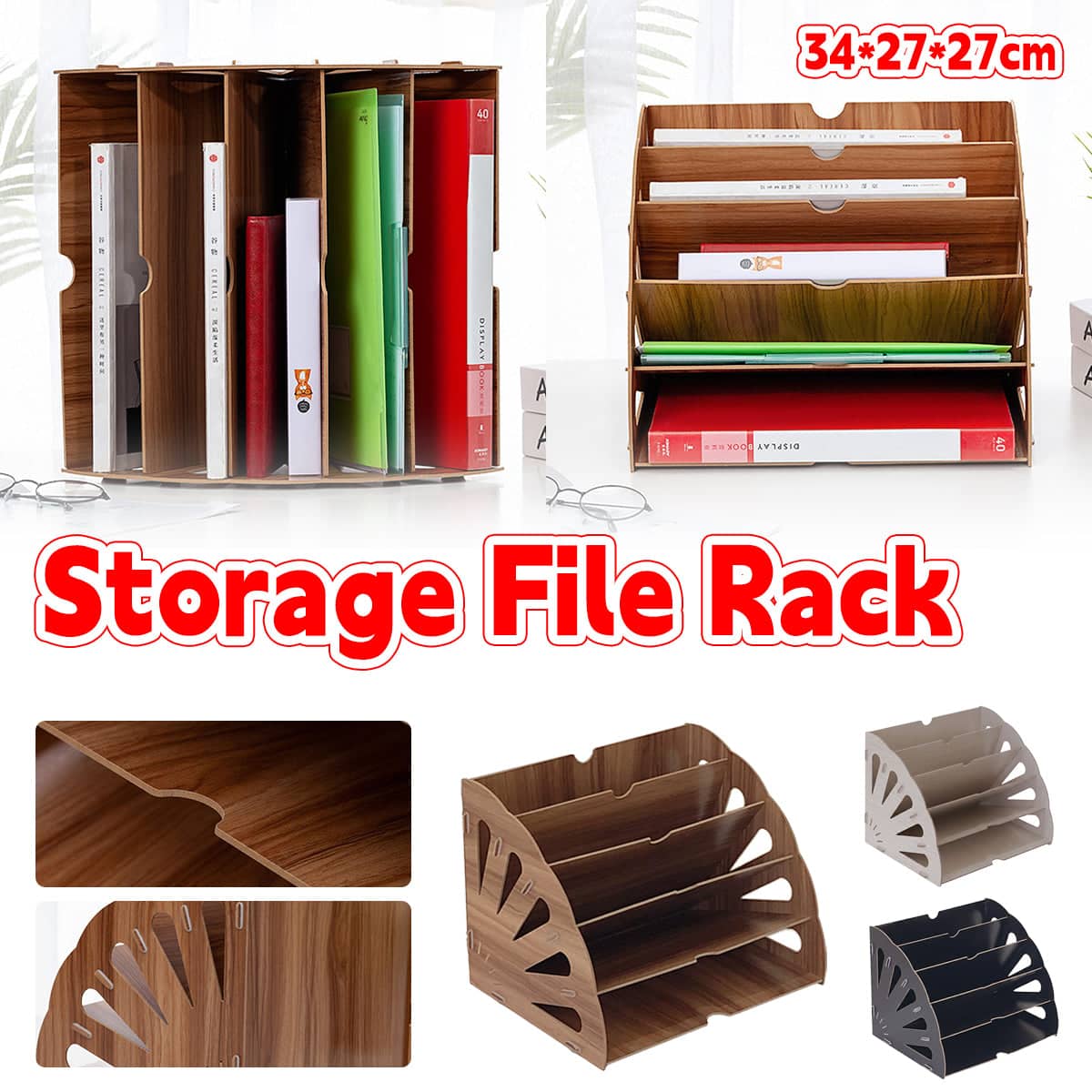 Multi Tier Fan Shaped Wood Desktop Storage Box, Document Organiser - Black - view 2