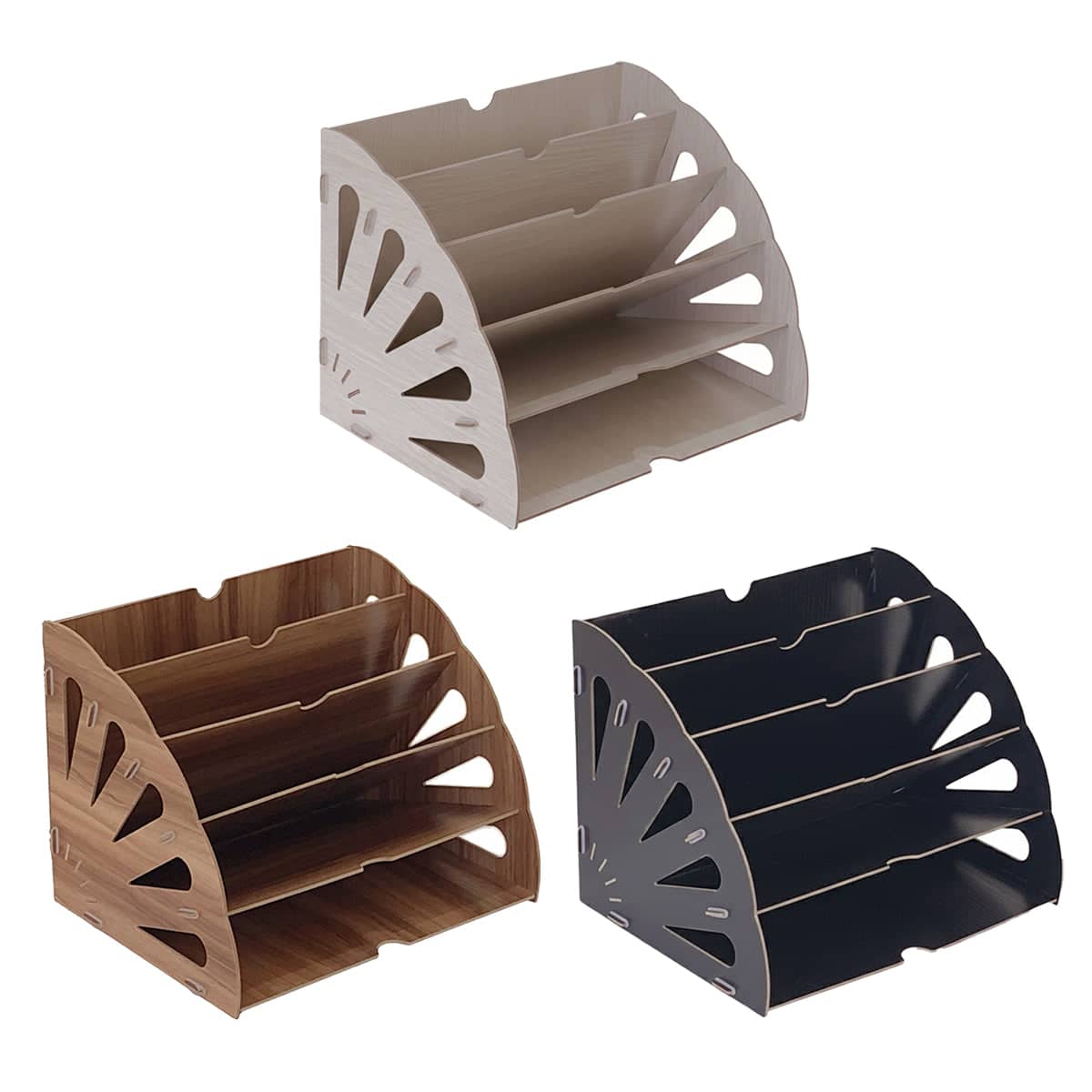 Multi Tier Fan Shaped Wood Desktop Storage Box, Document Organiser - Black - view 3