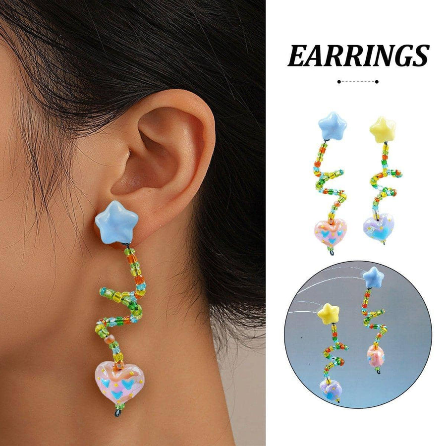 Multicolour Beaded Resin Star and Heart Dangle Earrings, Asymmetrical