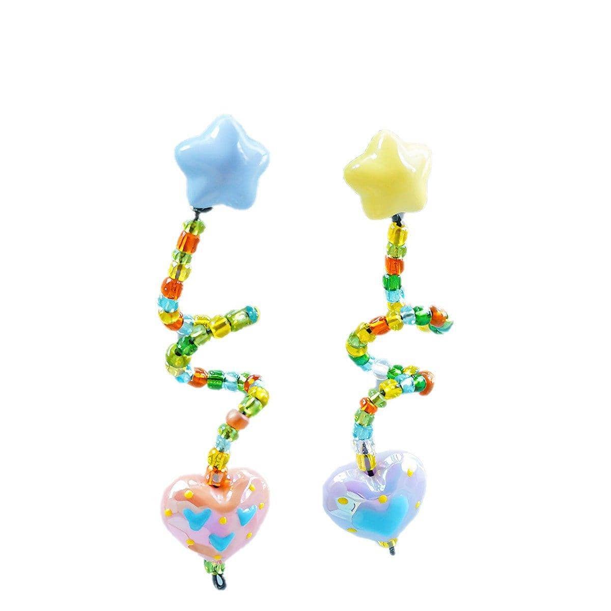 Multicolour Beaded Resin Star and Heart Dangle Earrings, Asymmetrical - view 2