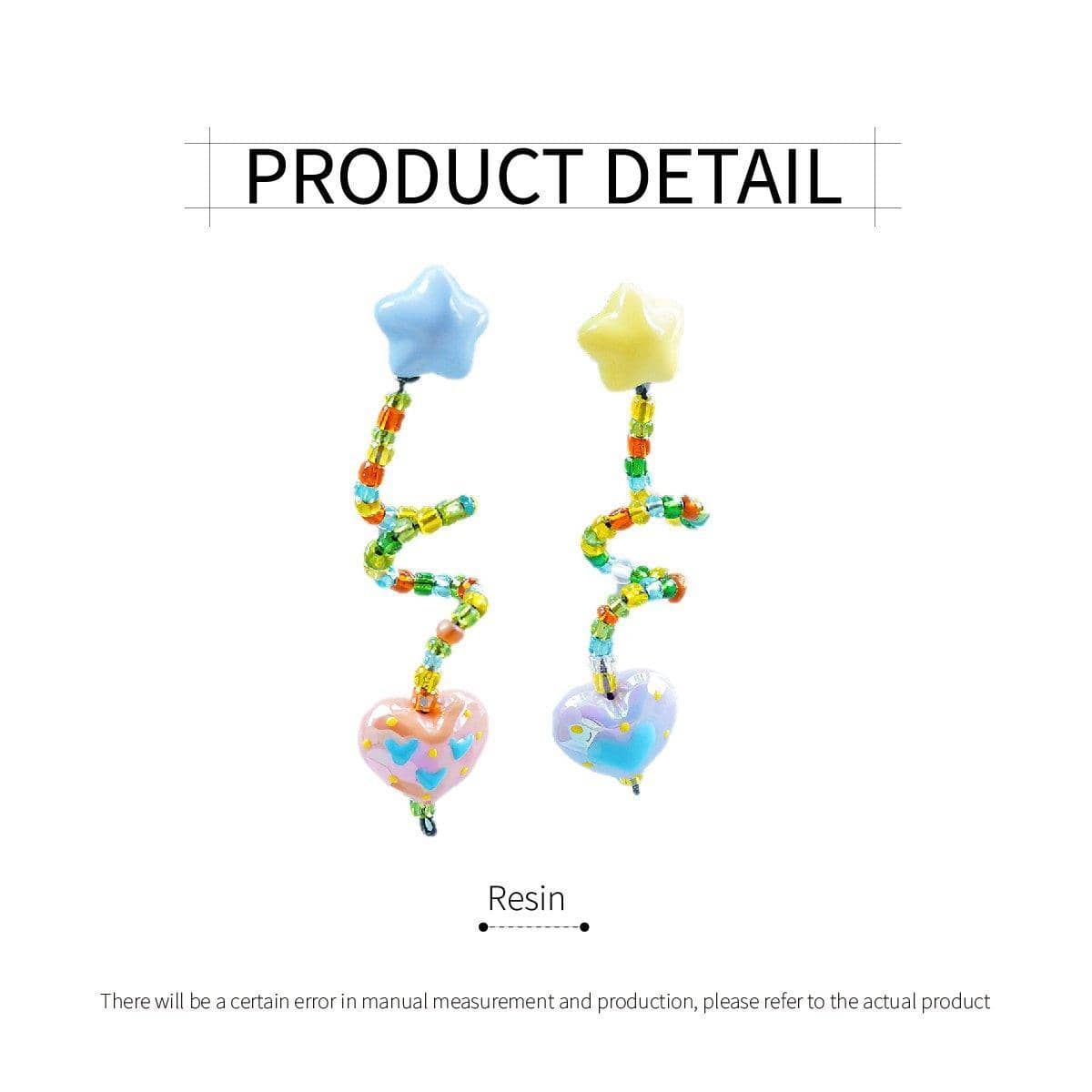 Multicolour Beaded Resin Star and Heart Dangle Earrings, Asymmetrical - view 3