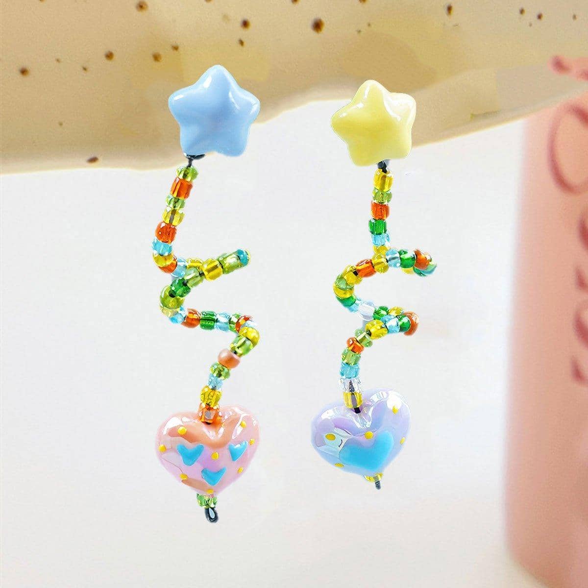 Multicolour Beaded Resin Star and Heart Dangle Earrings, Asymmetrical - view 5