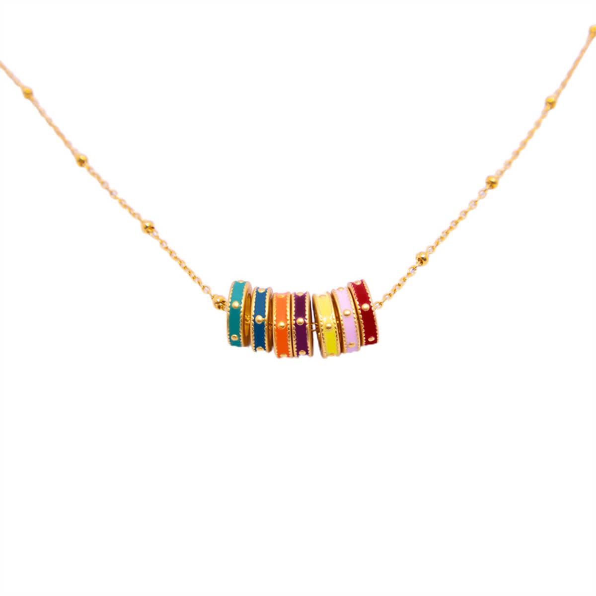 Multicolour Enamel Pendant Necklace, 7 Rings - 41 cm