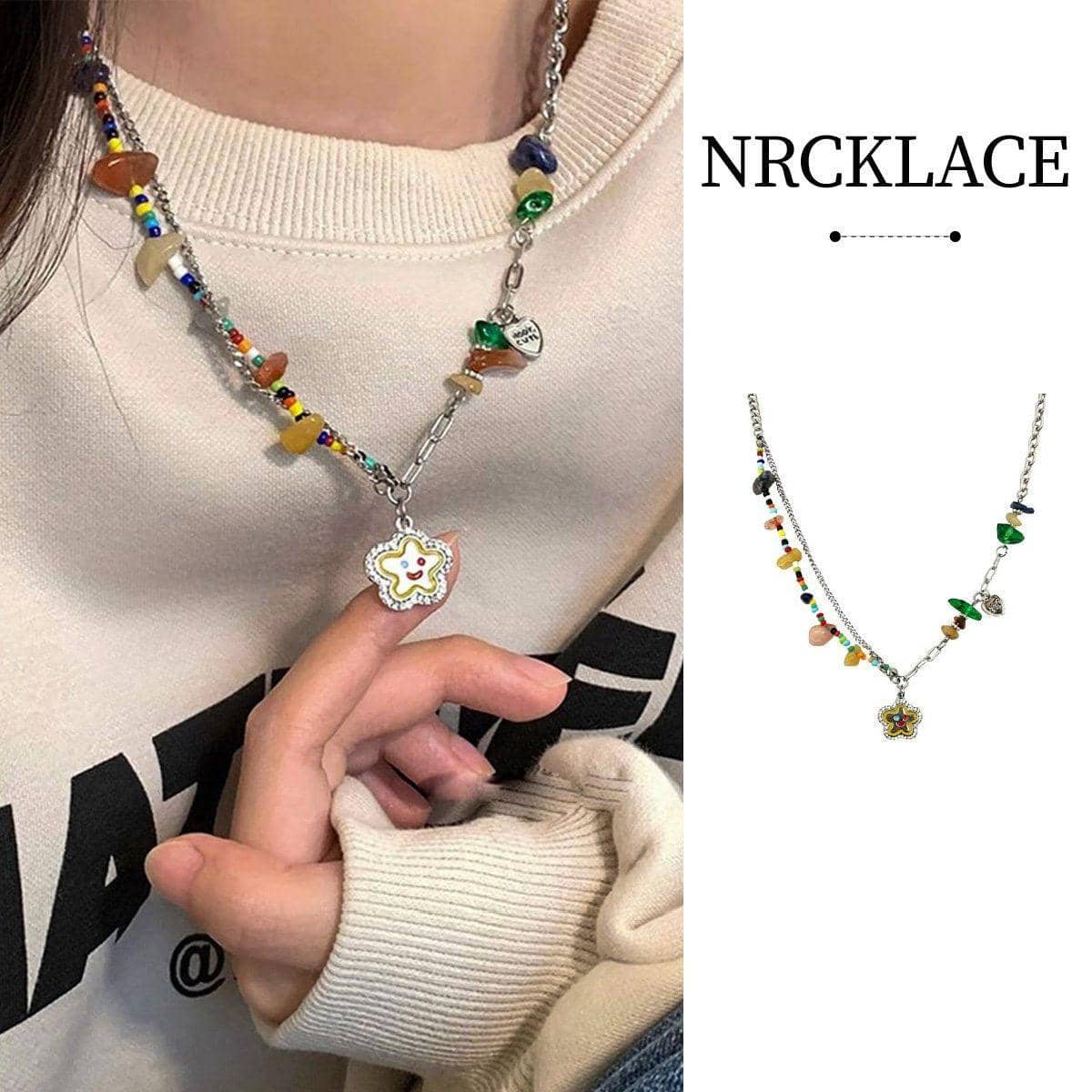 Multicolour Flower Smiley Necklace with Copper Chain and Glass Beads