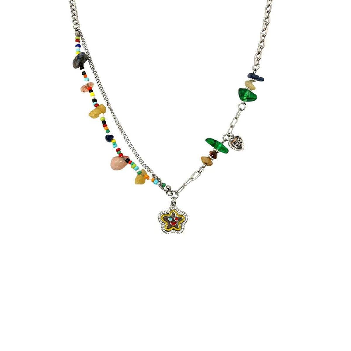 Multicolour Flower Smiley Necklace with Copper Chain and Glass Beads - view 2