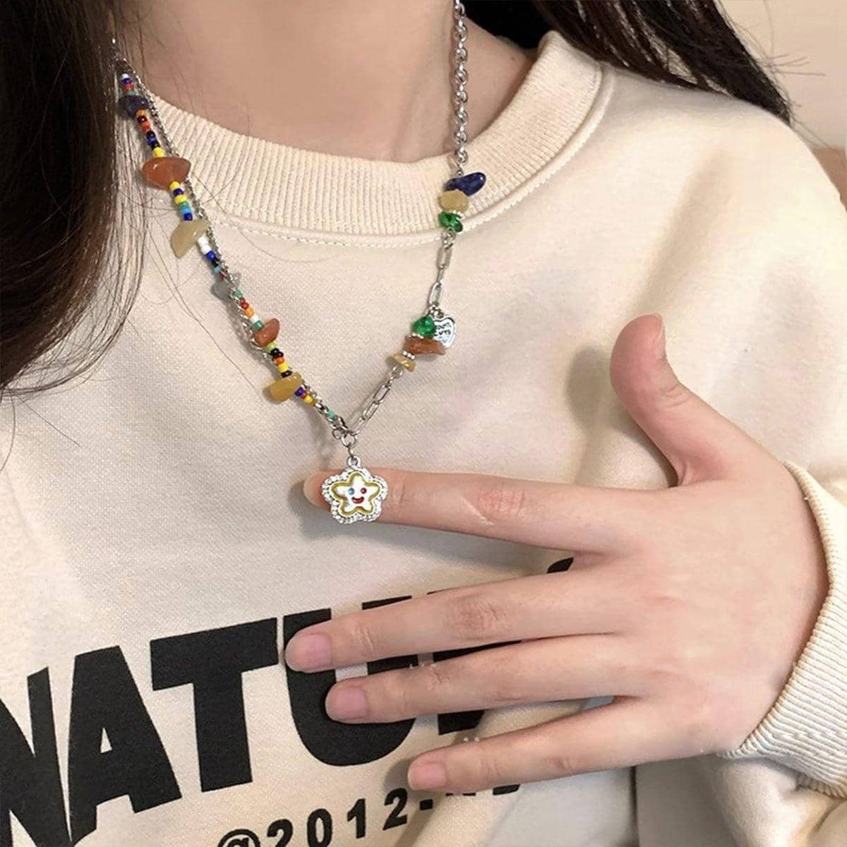Multicolour Flower Smiley Necklace with Copper Chain and Glass Beads - view 4