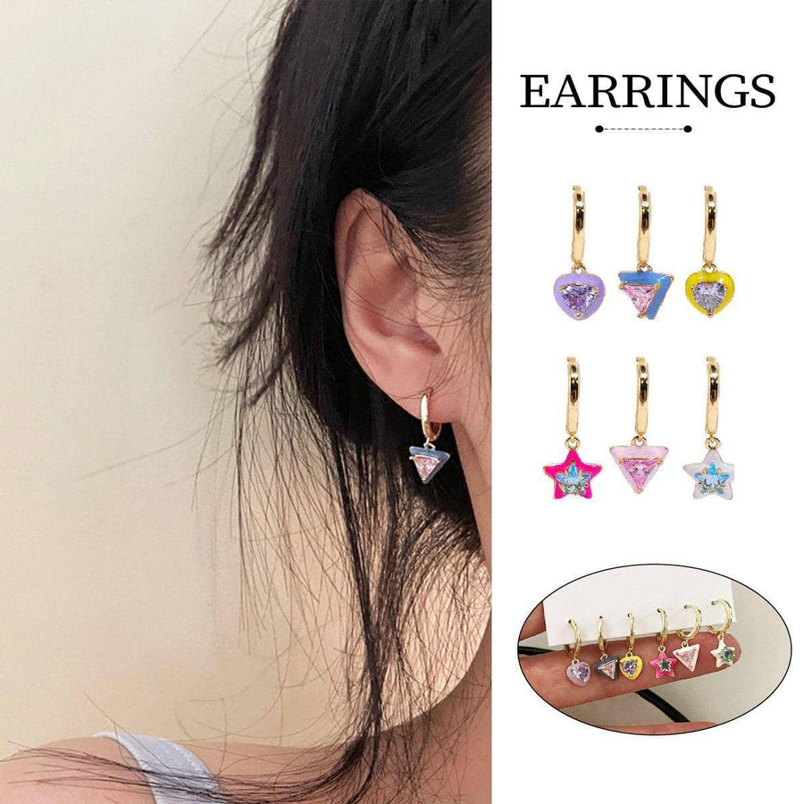 Multicolour Geometric Drop Earrings, Set of 6 with Glazed Zircon