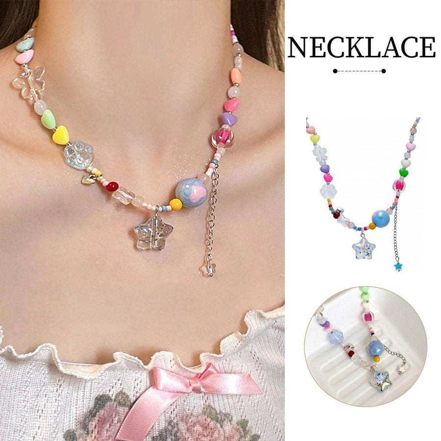Multicolour Heart Bead Necklace with Clear Star Pendant, Sweet Fashion Jewellery for Women