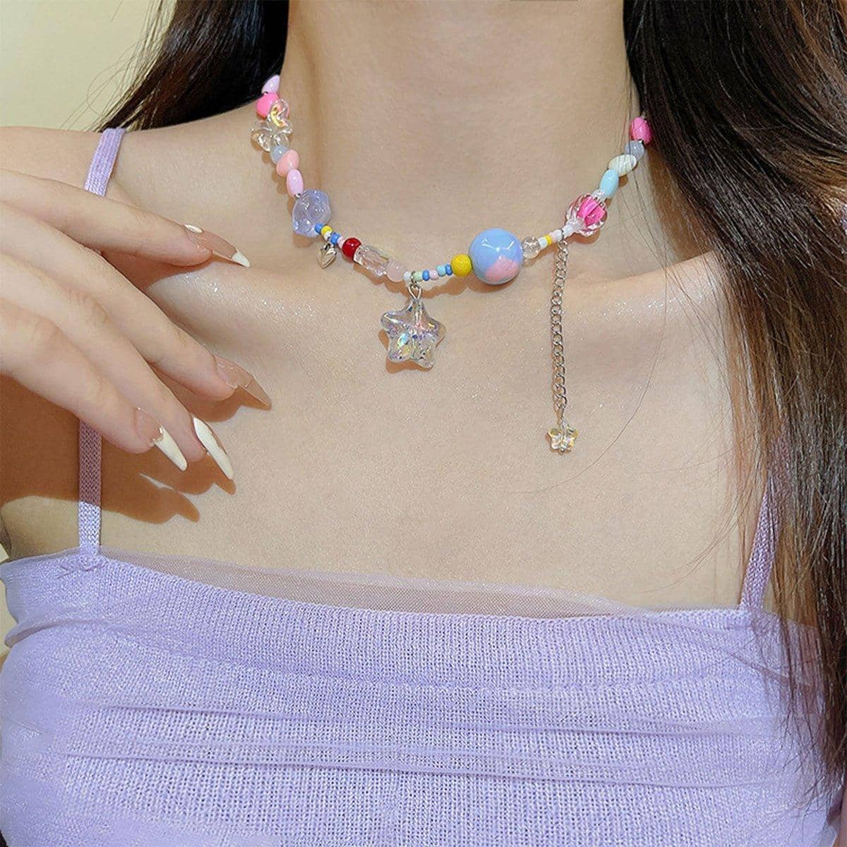 Multicolour Heart Bead Necklace with Clear Star Pendant, Sweet Fashion Jewellery for Women - view 5