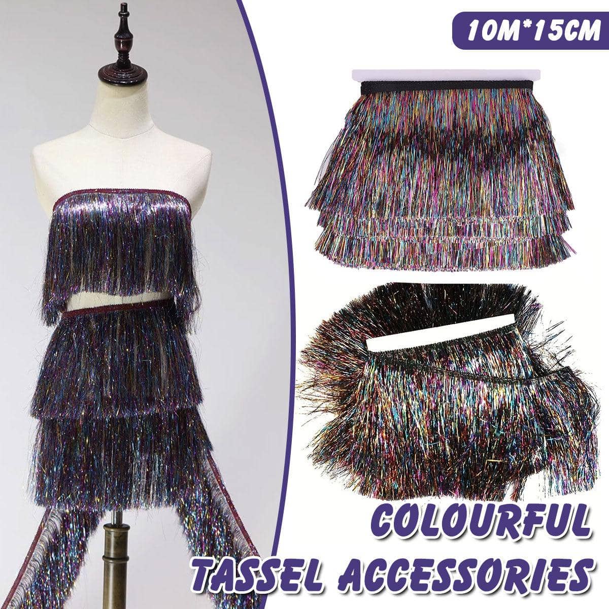 Multicolour Metallic Tassel Fringe Trim Roll, 10 m x 15 cm