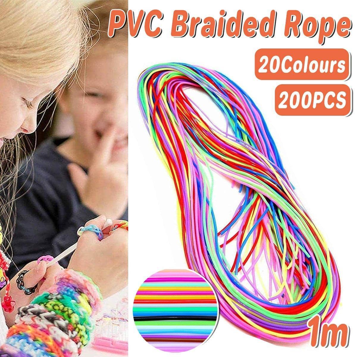 Multicolour PVC Braided Rope for Bracelet Making, 1 m Long, 200 Pieces