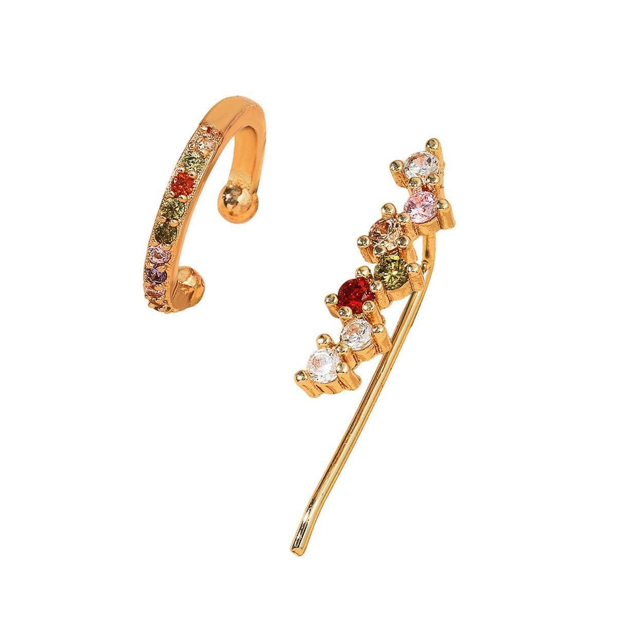 Multicolour Rhinestone Ear Cuff and Ear Climber Set - Gold