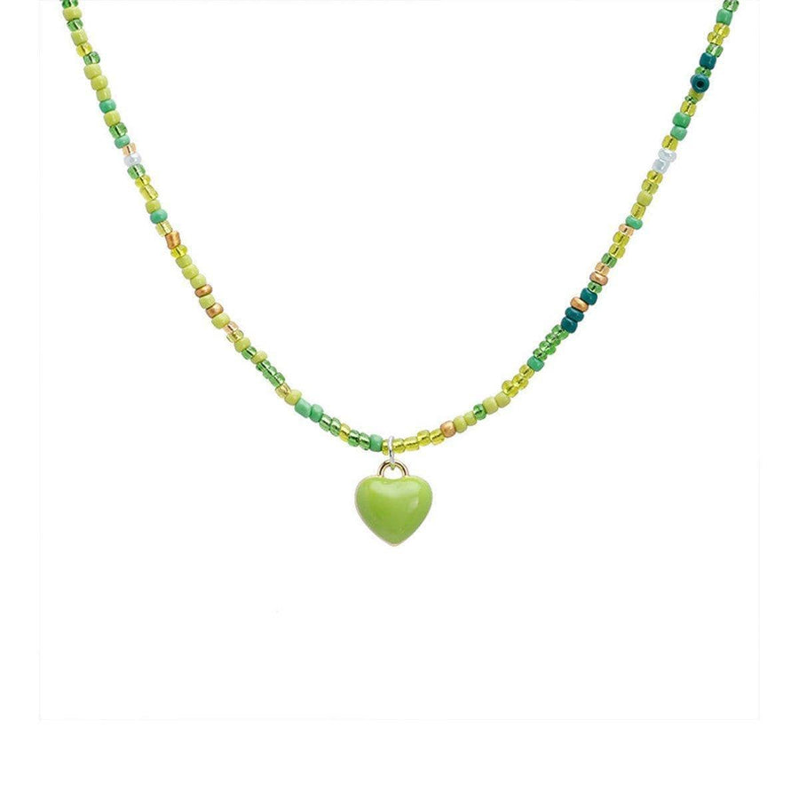Multicolour Rice Bead Heart Pendant Necklace for Women - Green