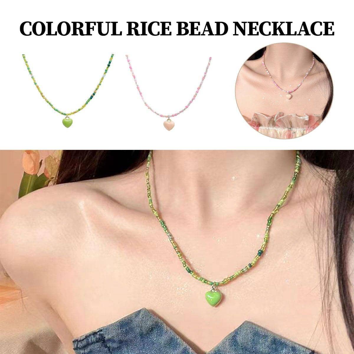Multicolour Rice Bead Heart Pendant Necklace for Women - Green - view 2