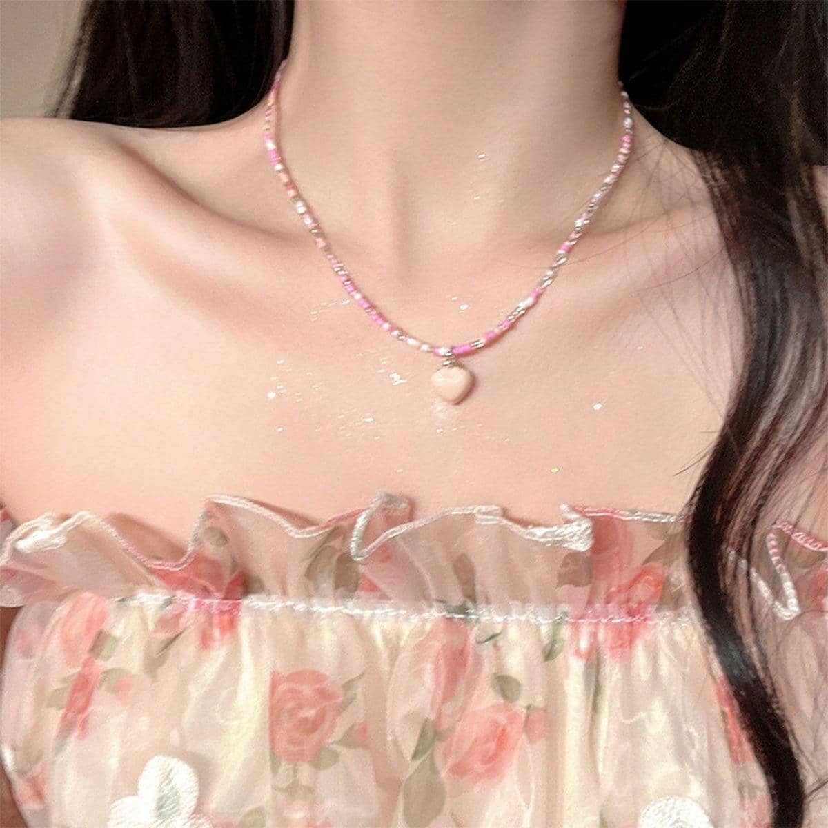 Multicolour Rice Bead Heart Pendant Necklace for Women - Pink - view 4
