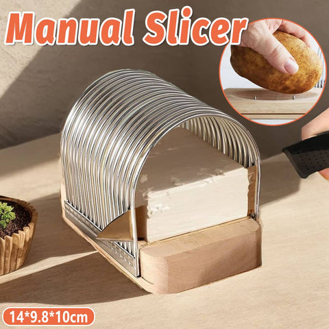 Multifunction Kitchen Slicer for Bread, Toast, Cheese and Potato, Stainless Steel Grid and Oak Base